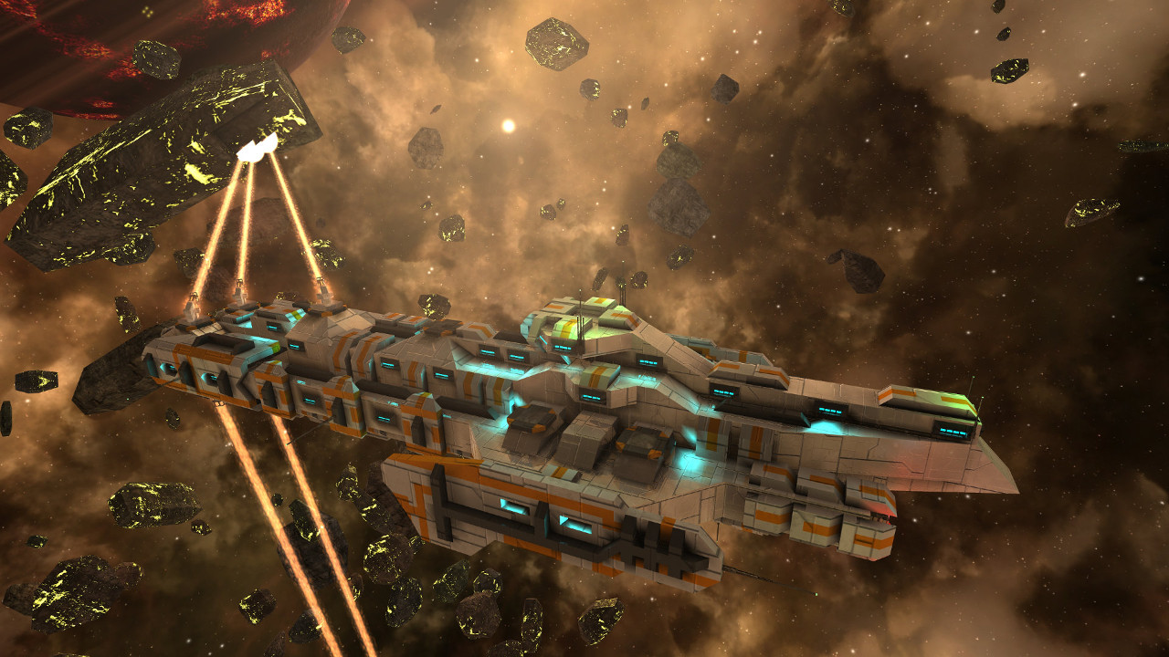 A small drone shooting its mining lasers on an asteroid to mine it